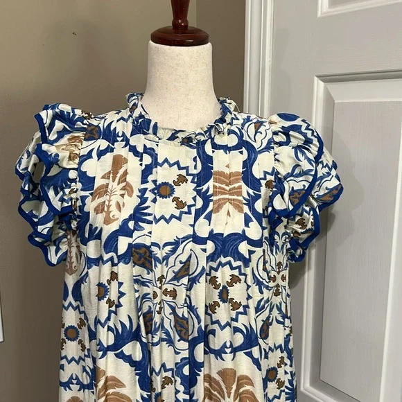 Umgee Boho Double Ruffle Sleeve Mini Dress in Blue Multi - Picture 2 of 9